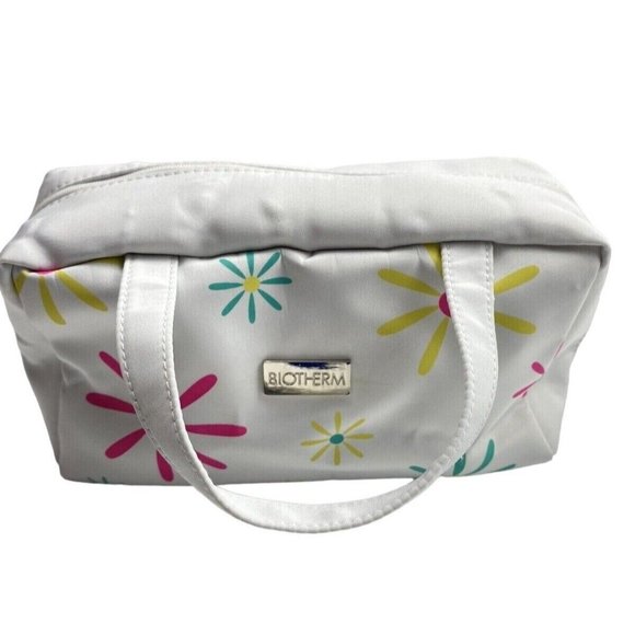 Vintage Biotherm Bag White Floral Flowers Makeup Bag Zip Travel Bag with Handles - Picture 1 of 10